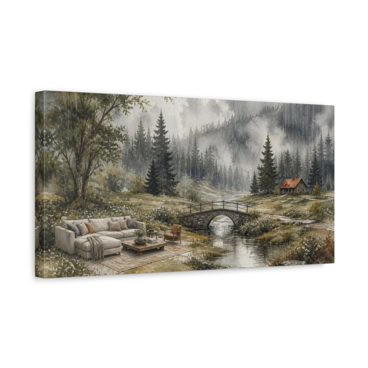 Side Mockup 3. Living Room Forest Retreat shown as canvas print