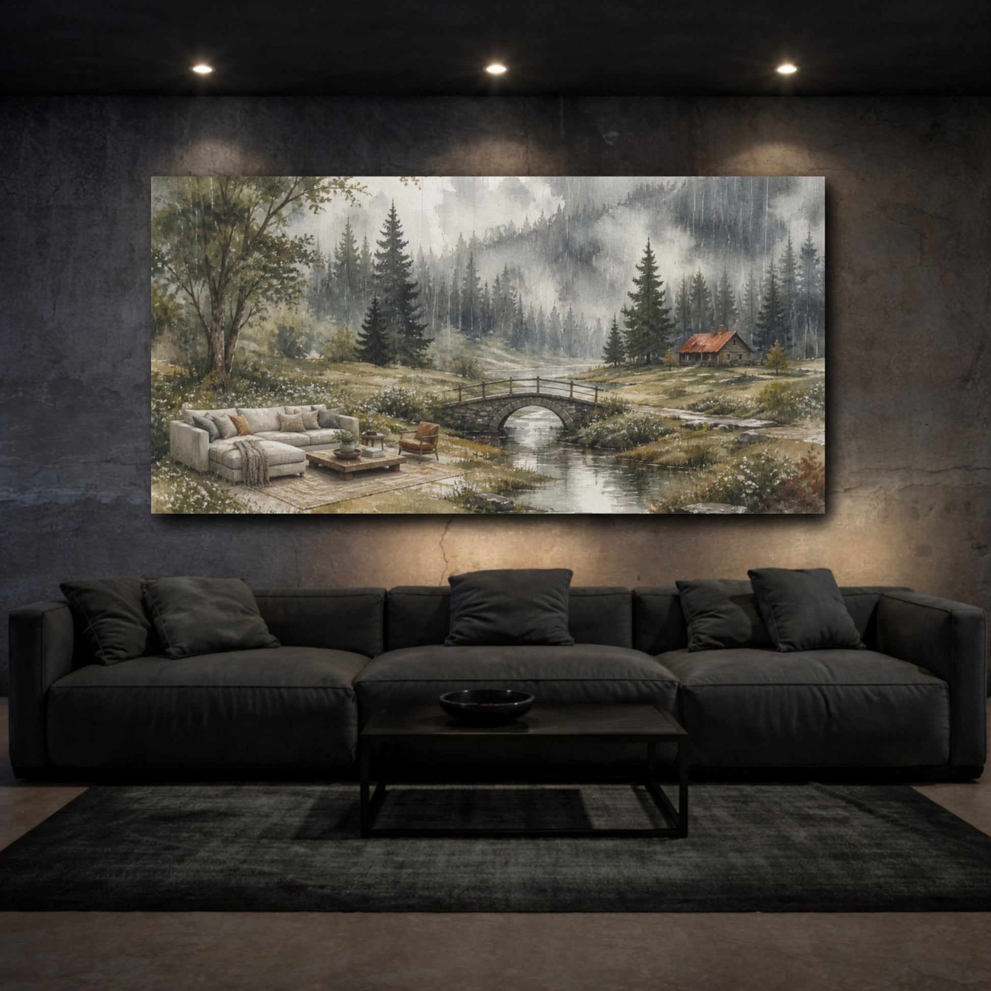 Mockup 3. Living Room Forest Retreat shown as canvas print