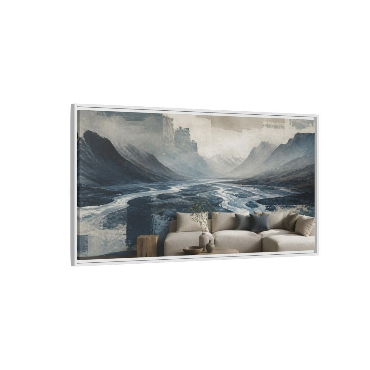 Side Mockup 3. Living Room Glacial Valley shown as framed canvas print