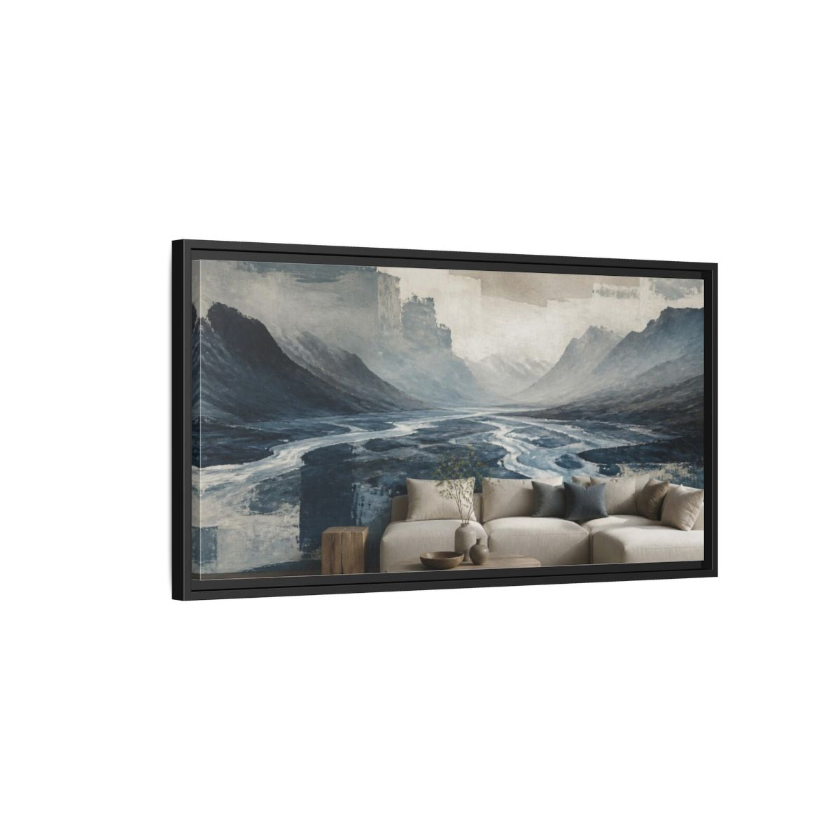 Side Mockup 2. Living Room Glacial Valley shown as framed canvas print