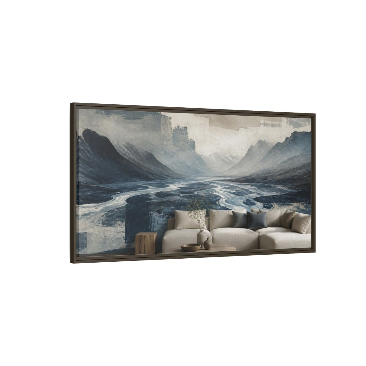 Side Mockup 4. Living Room Glacial Valley shown as framed canvas print