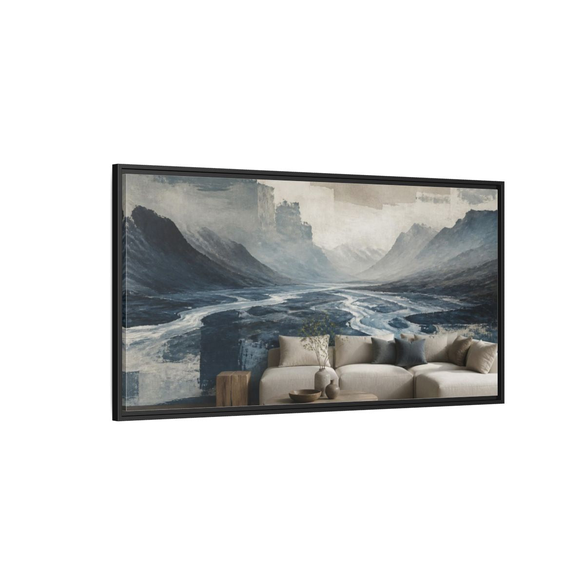 Side Mockup 5. Living Room Glacial Valley shown as framed canvas print