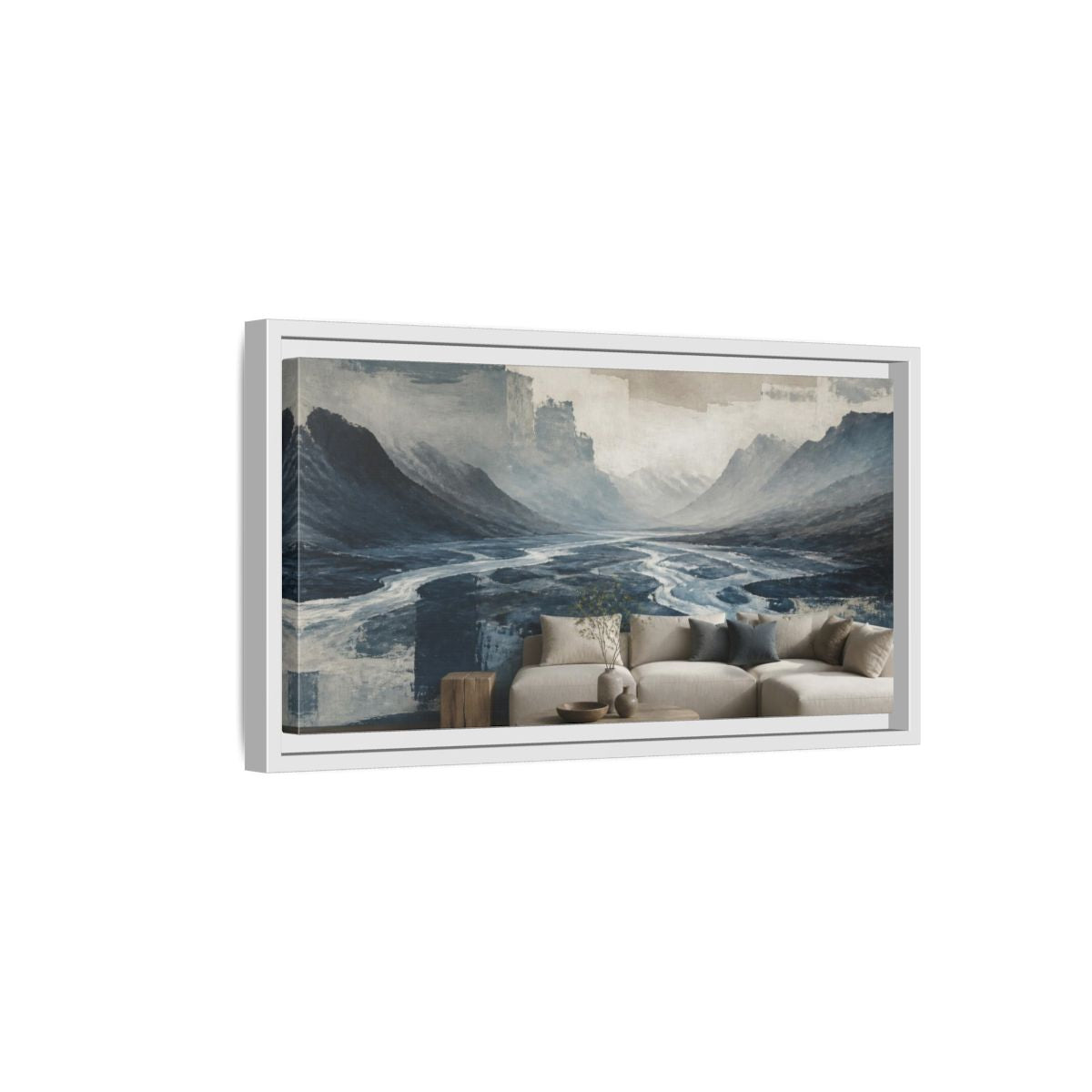 Side Mockup 6. Living Room Glacial Valley shown as framed canvas print