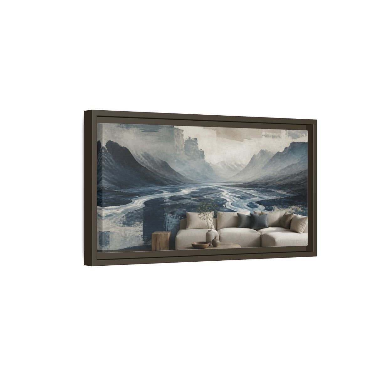 Side Mockup 7. Living Room Glacial Valley shown as framed canvas print
