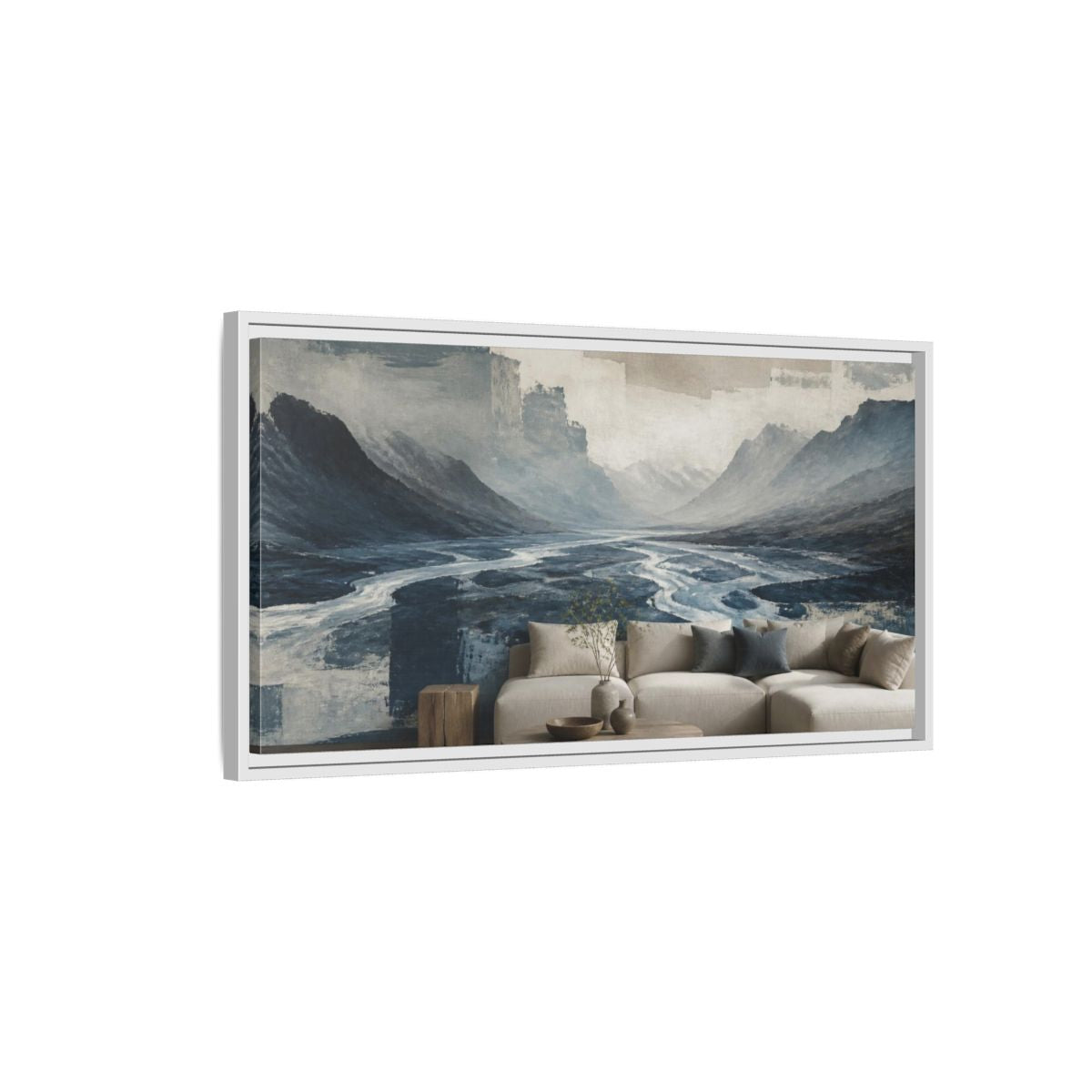 Side Mockup 1. Living Room Glacial Valley shown as framed canvas print
