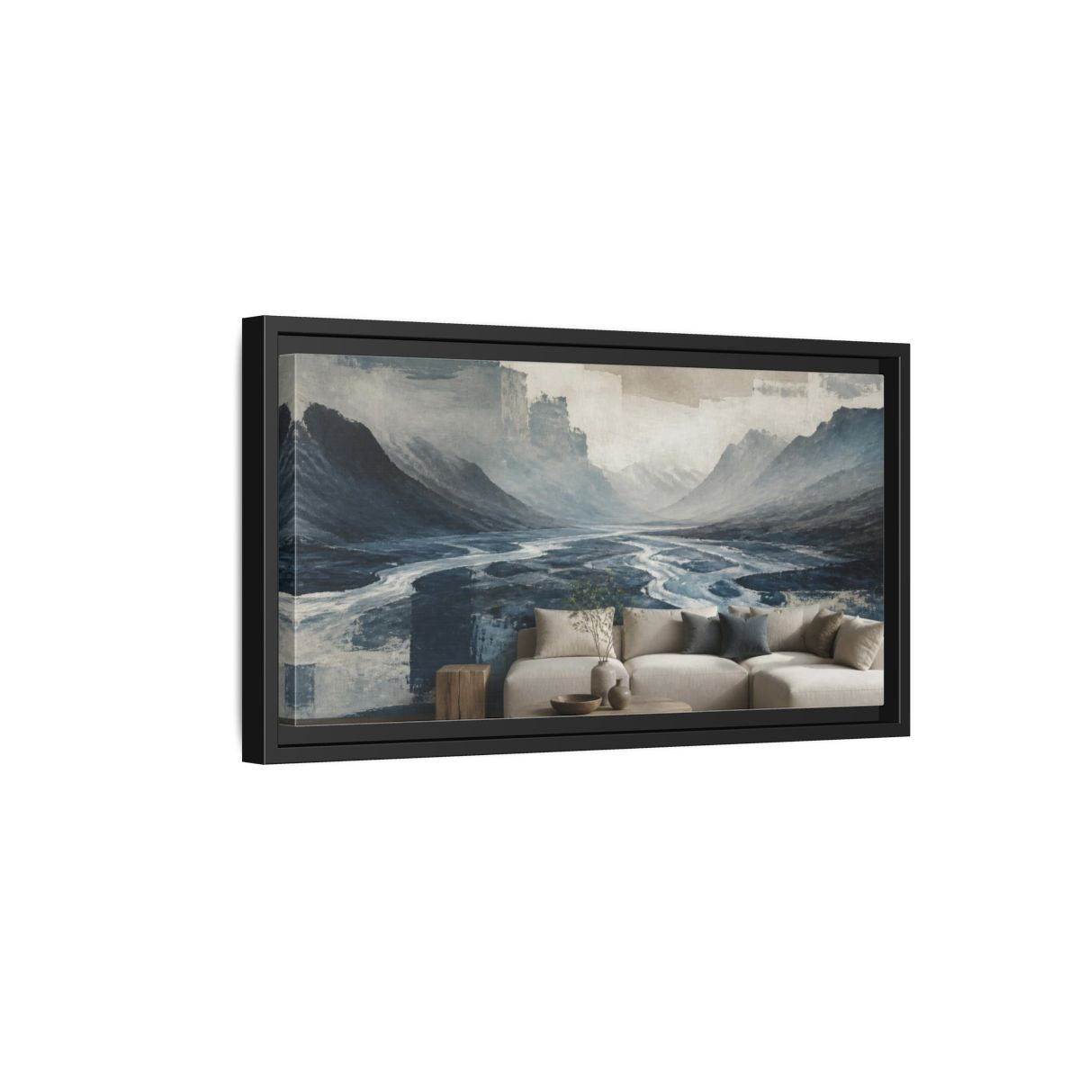 Side Mockup 8. Living Room Glacial Valley shown as framed canvas print