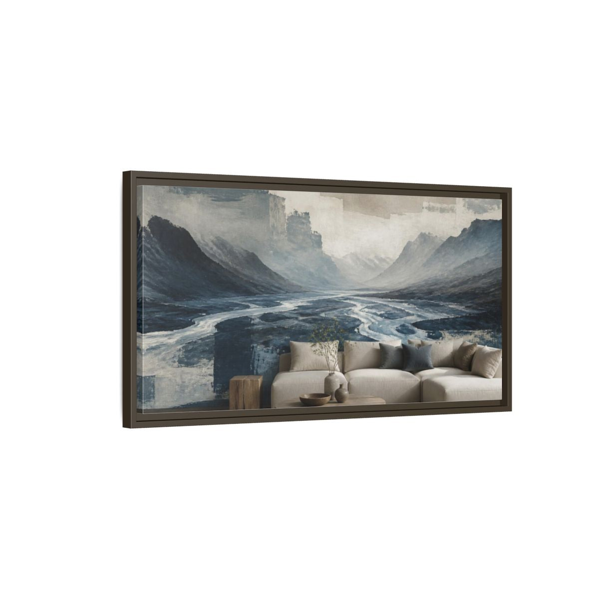 Main Mockup. Living Room Glacial Valley shown as framed canvas print