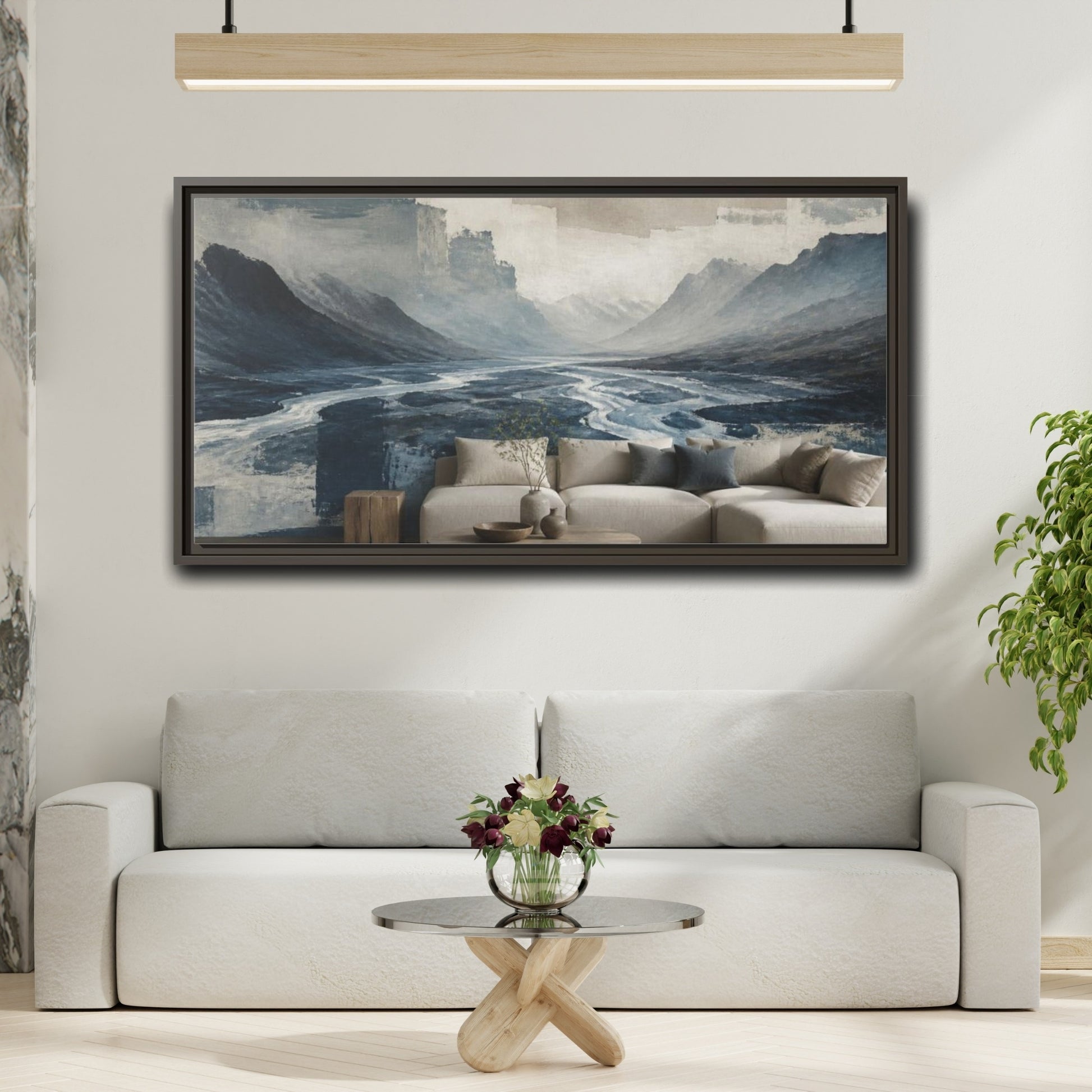 Mockup 2. Living Room Glacial Valley shown as framed canvas print