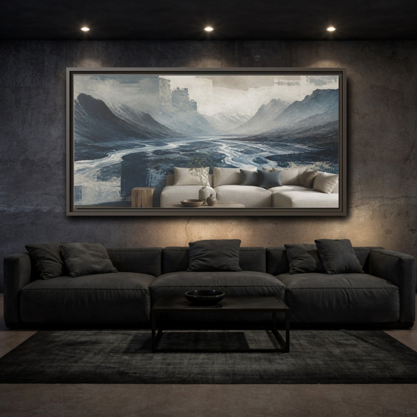 Mockup 3. Living Room Glacial Valley shown as framed canvas print