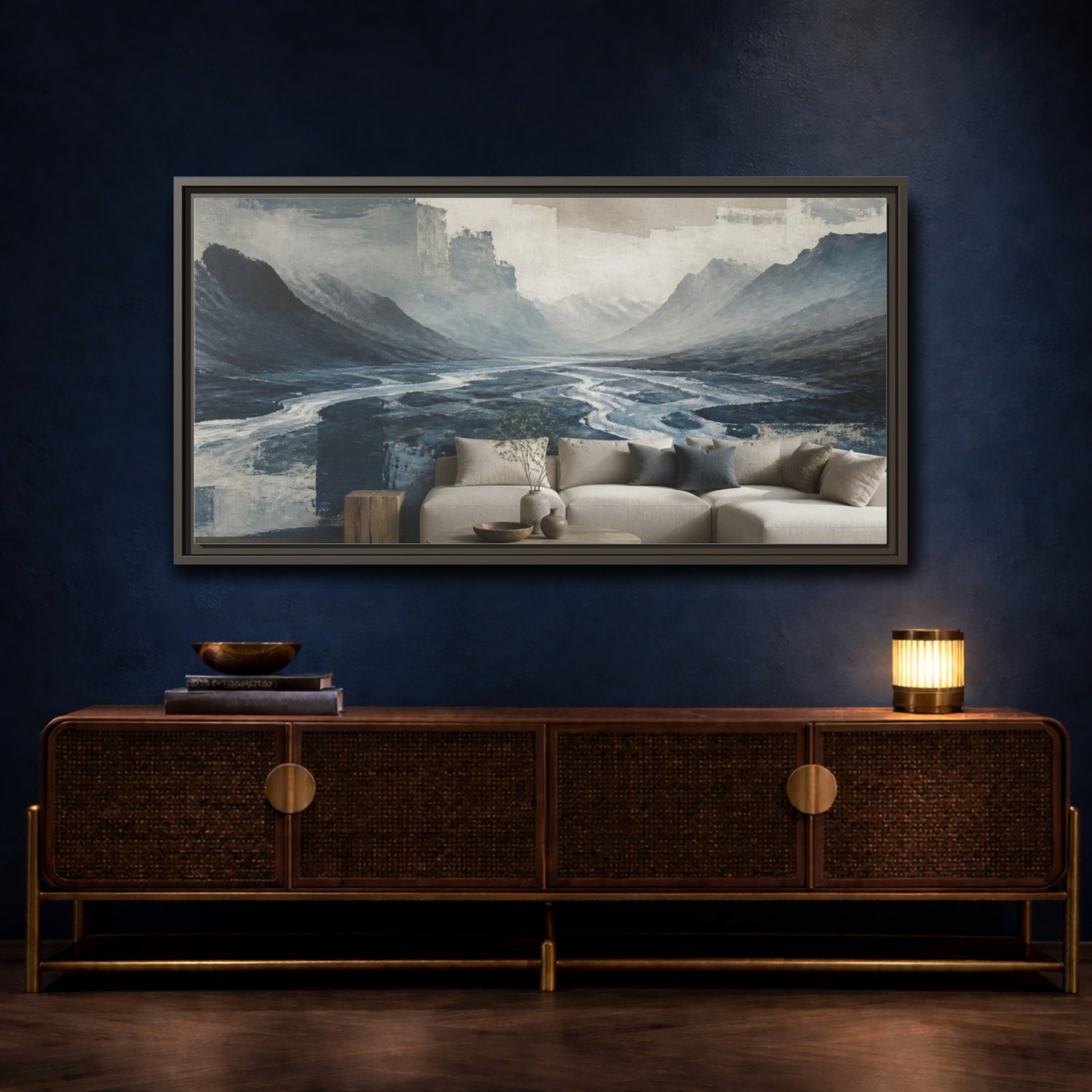 Mockup 4. Living Room Glacial Valley shown as framed canvas print