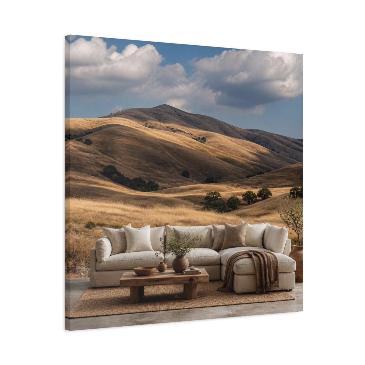 Main Mockup. Living Room Golden Hills shown as canvas print