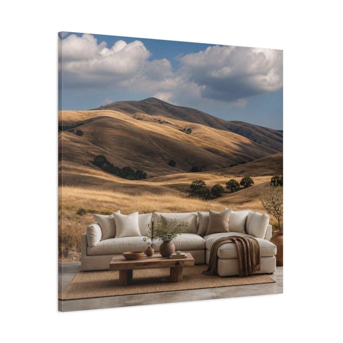 Side Mockup 1. Living Room Golden Hills shown as canvas print