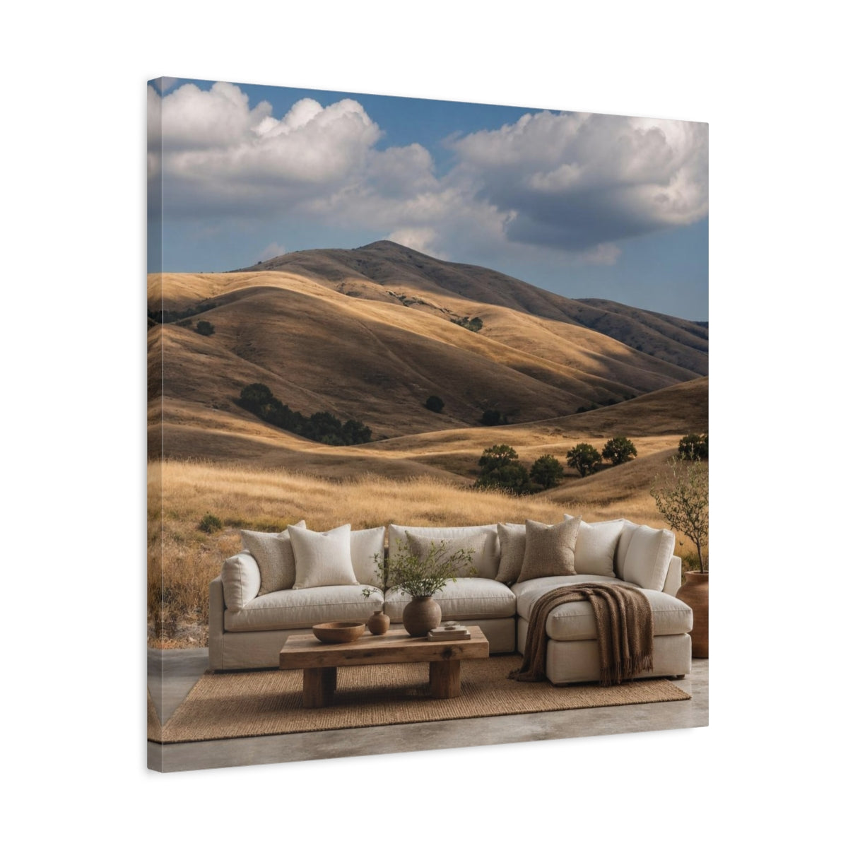 Side Mockup 4. Living Room Golden Hills shown as canvas print