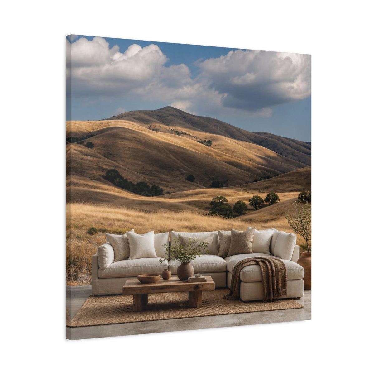 Side Mockup 3. Living Room Golden Hills shown as canvas print
