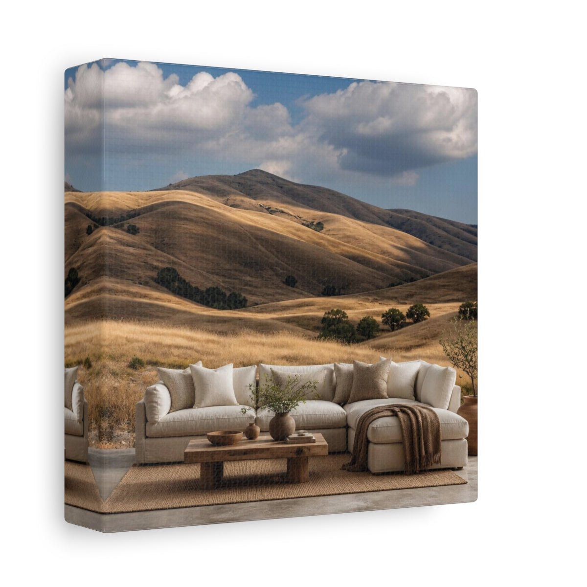 Side Mockup 2. Living Room Golden Hills shown as canvas print