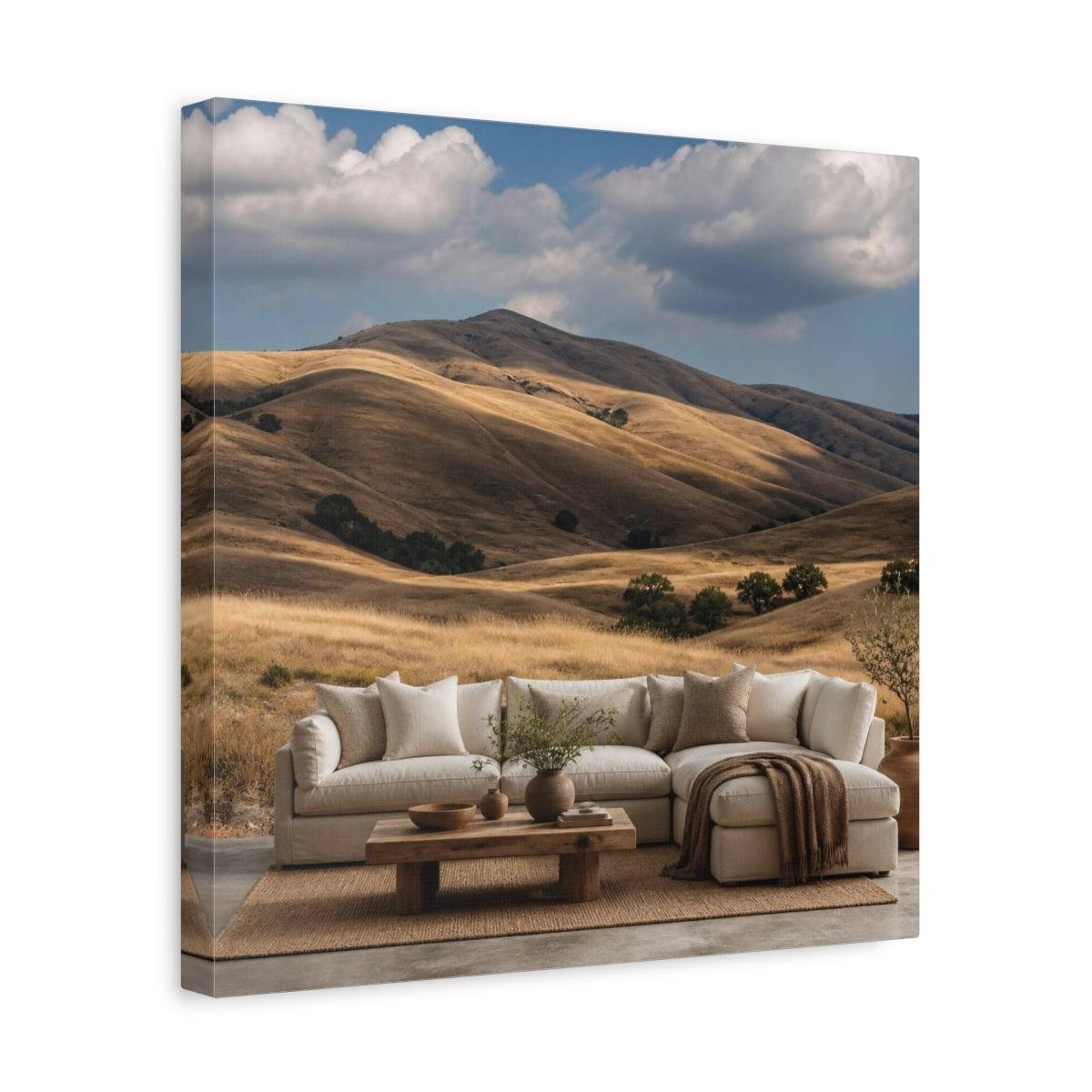 Side Mockup 7. Living Room Golden Hills shown as canvas print