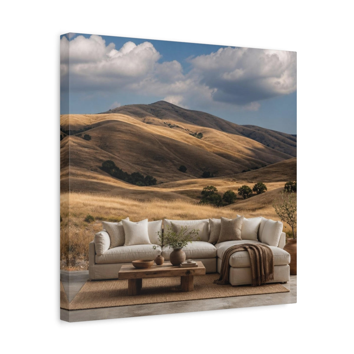 Side Mockup 6. Living Room Golden Hills shown as canvas print