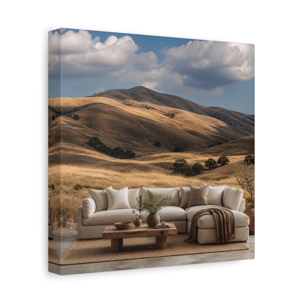 Side Mockup 9. Living Room Golden Hills shown as canvas print