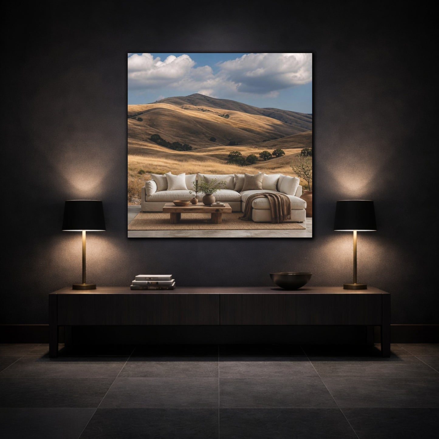 Mockup 3. Living Room Golden Hills shown as canvas print