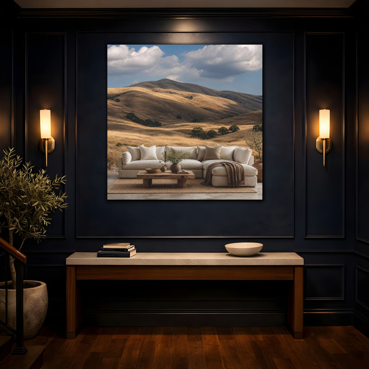 Mockup 4. Living Room Golden Hills shown as canvas print