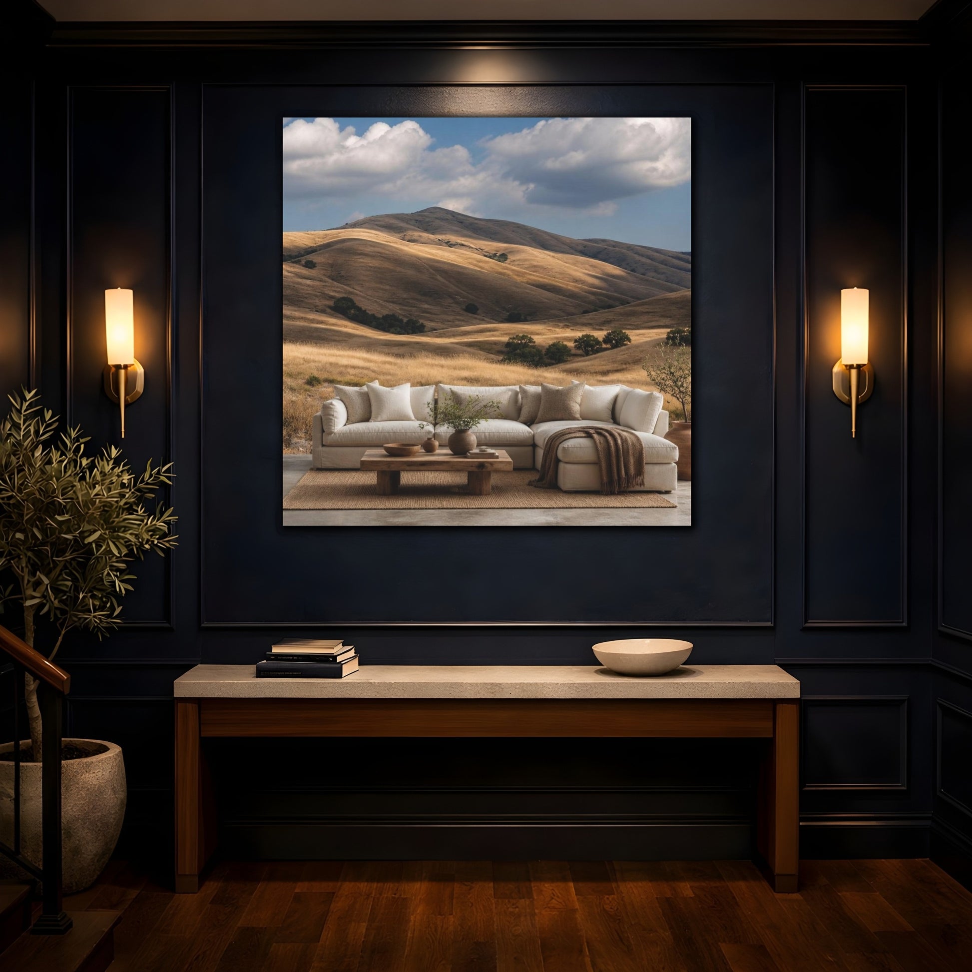Mockup 4. Living Room Golden Hills shown as canvas print