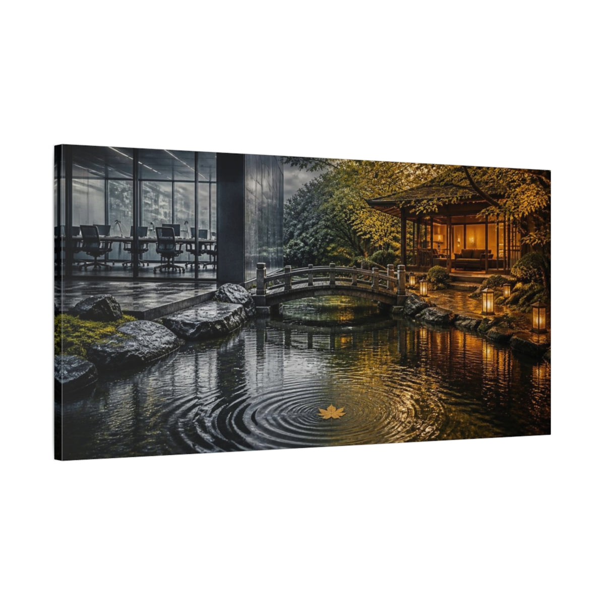 Main Mockup. Living Room Golden Leaf shown as canvas print