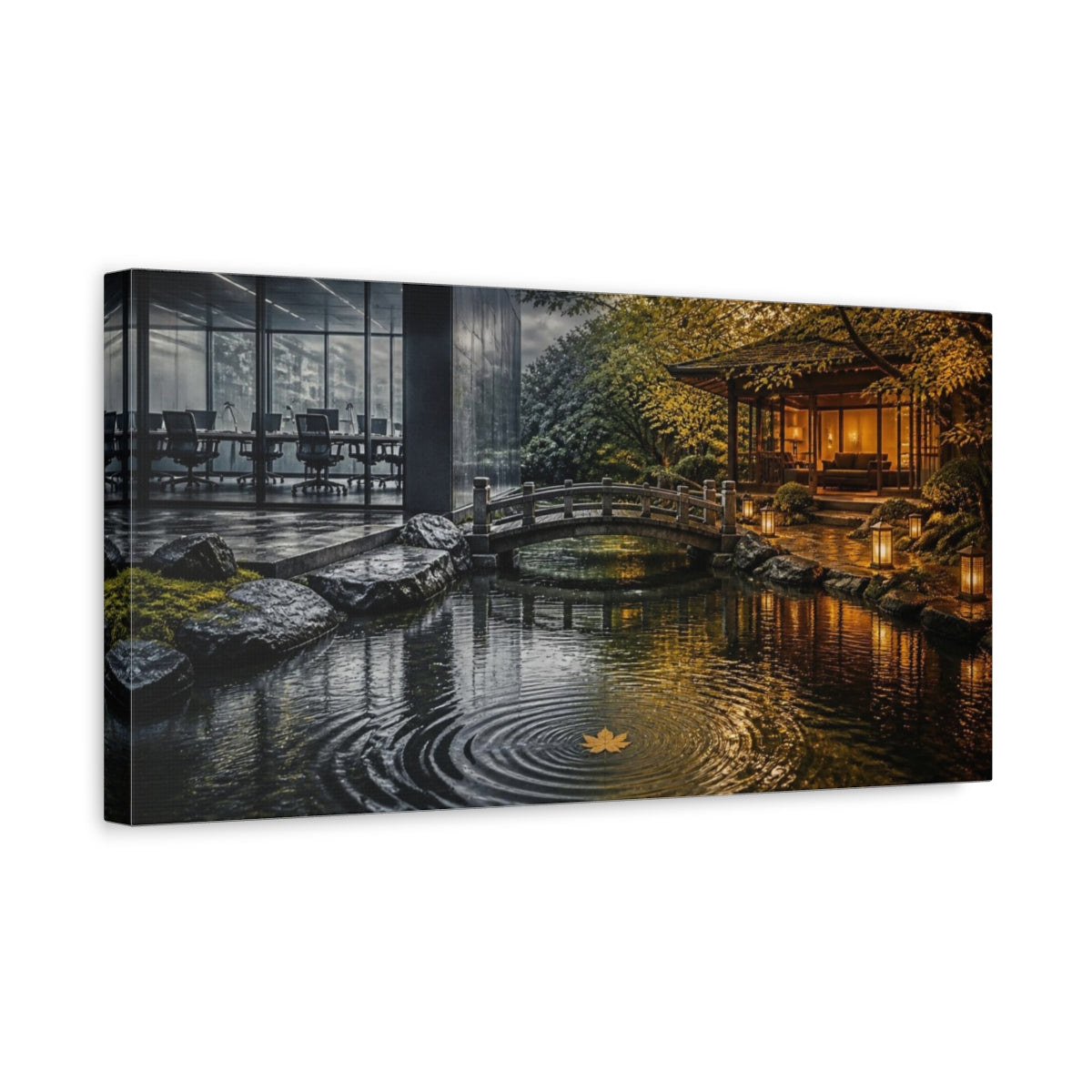 Side Mockup 3. Living Room Golden Leaf shown as canvas print