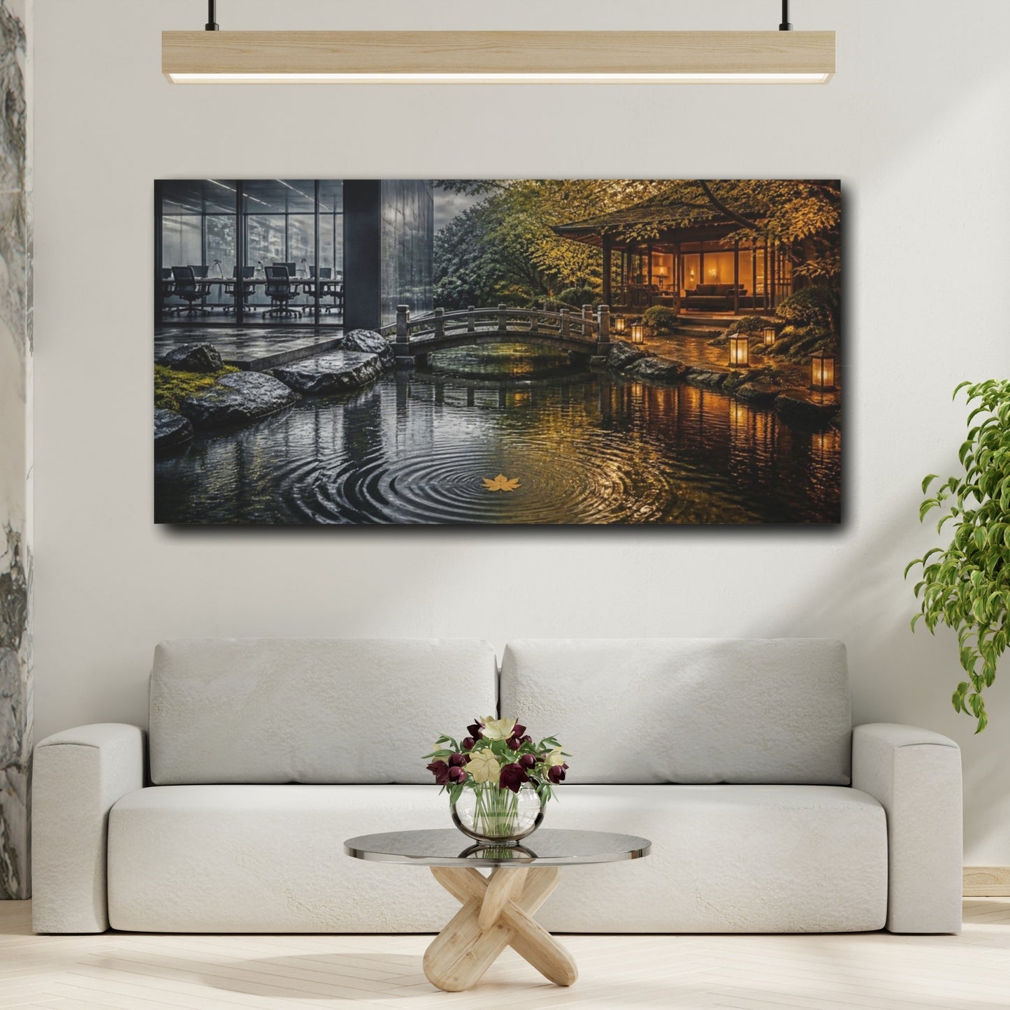 Mockup 2. Living Room Golden Leaf shown as canvas print