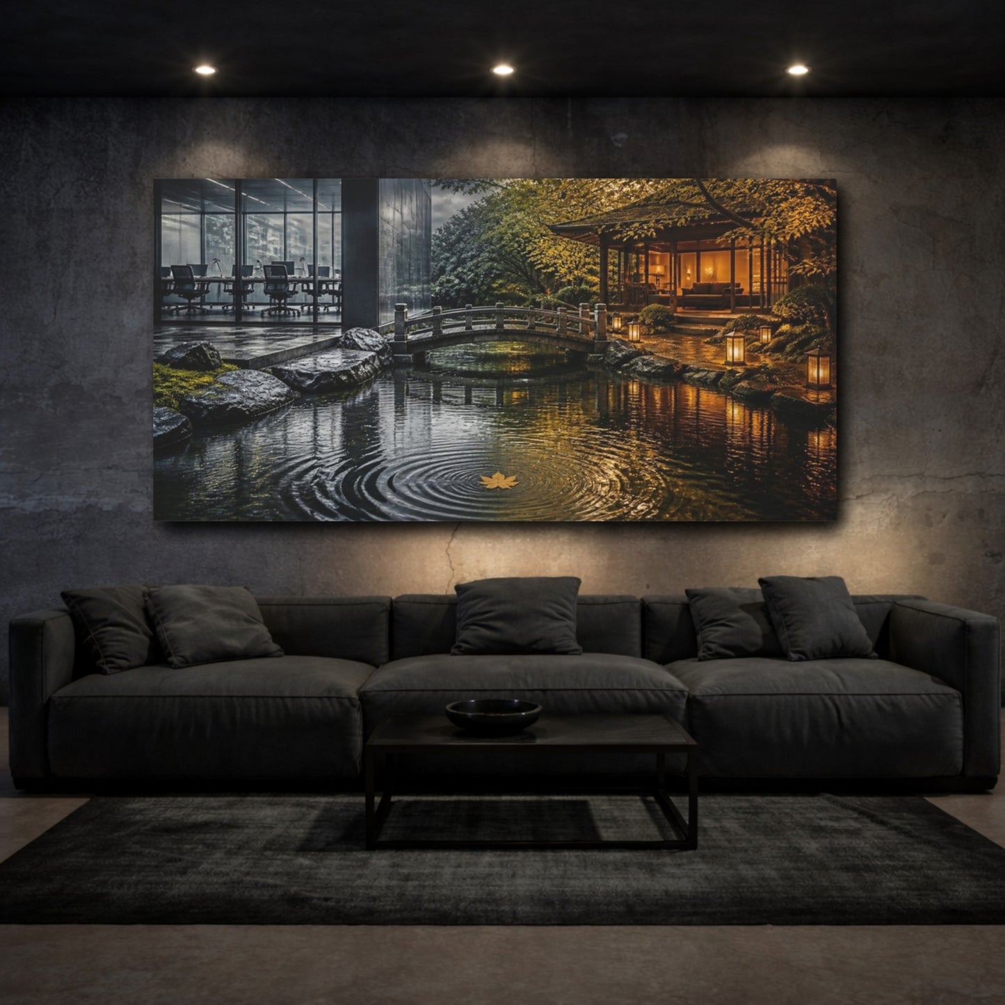 Mockup 3. Living Room Golden Leaf shown as canvas print