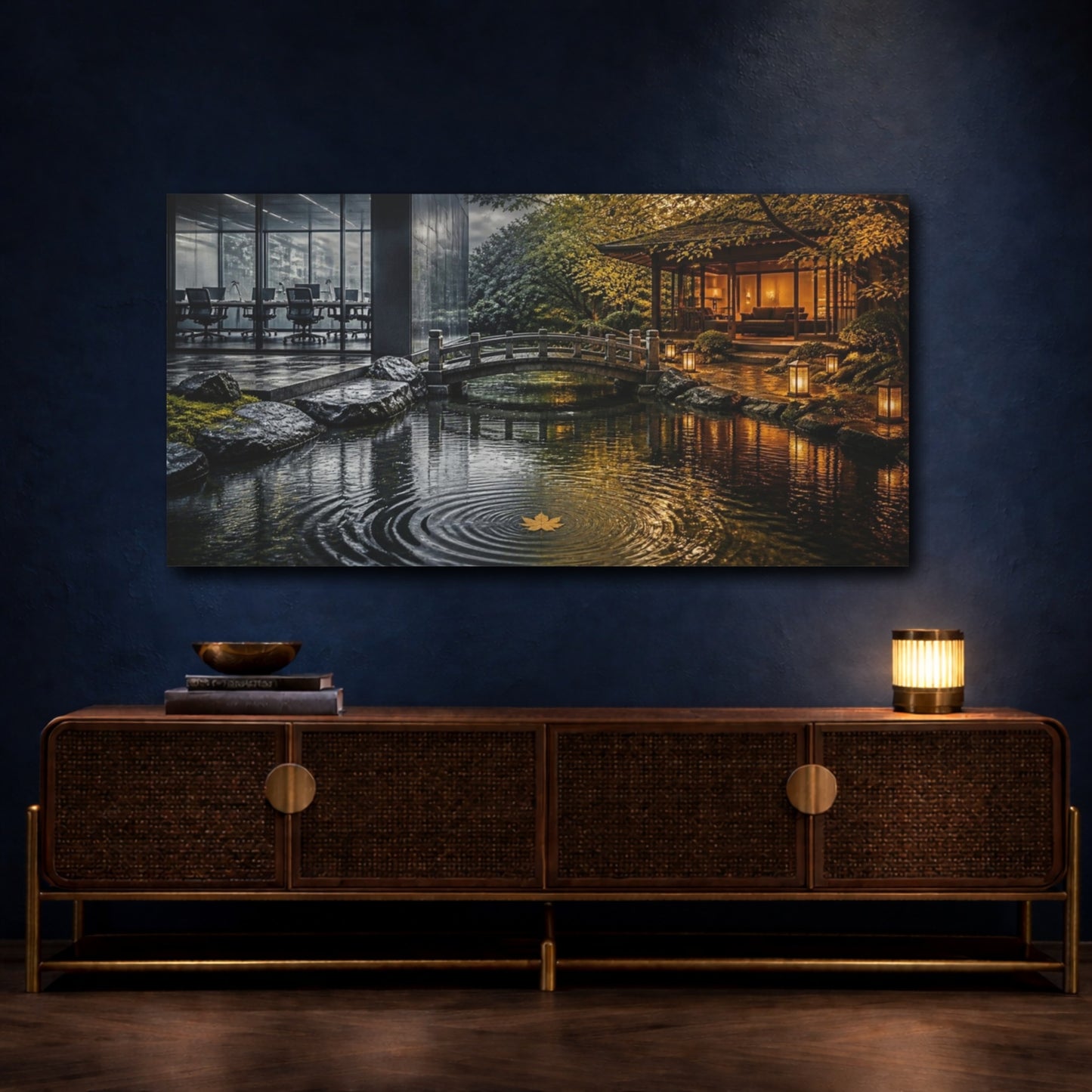 Mockup 4. Living Room Golden Leaf shown as canvas print
