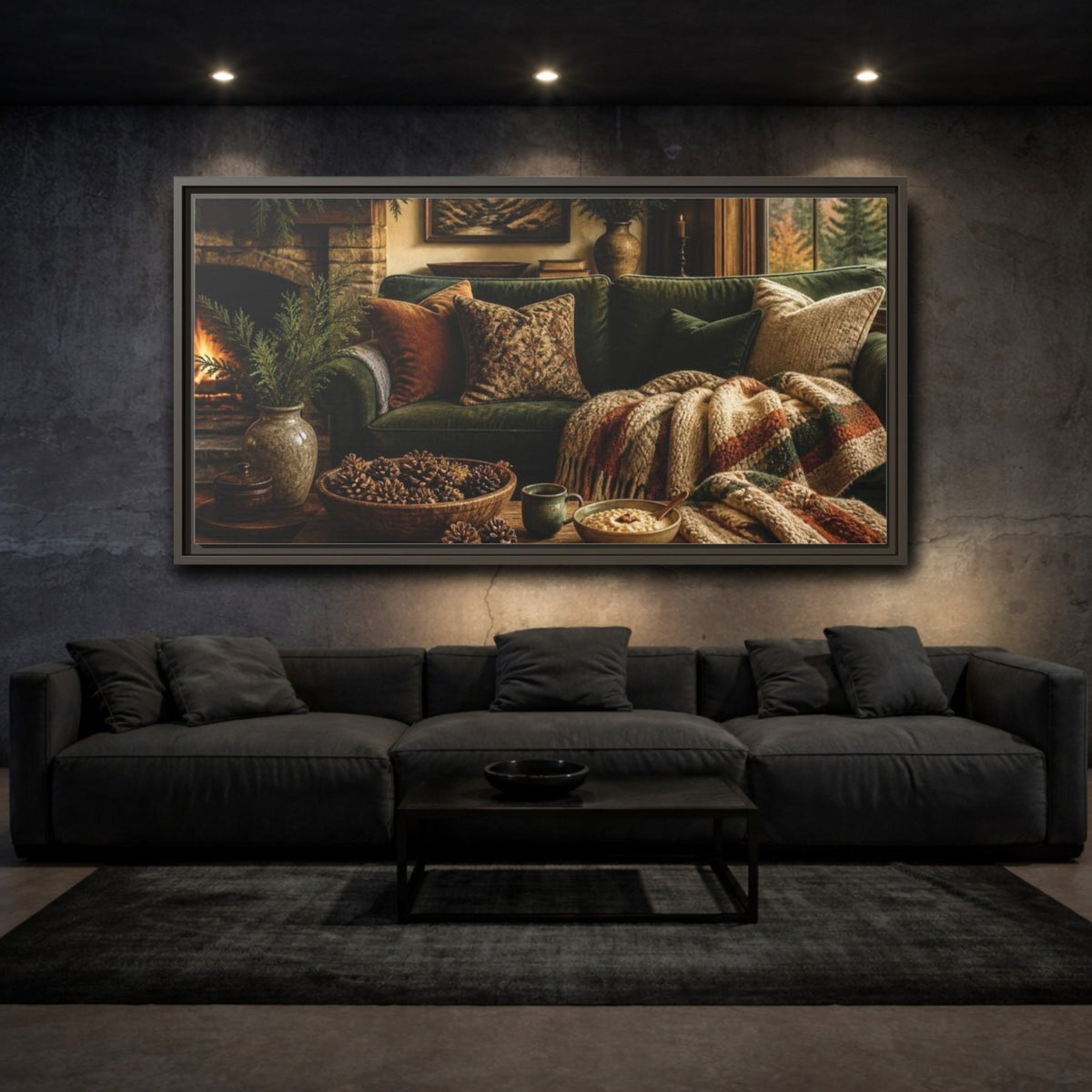 Living Room Green Sofa Framed Canvas Print – Above Fireplace, Forest & Warm Earth Tones - YesArtYes