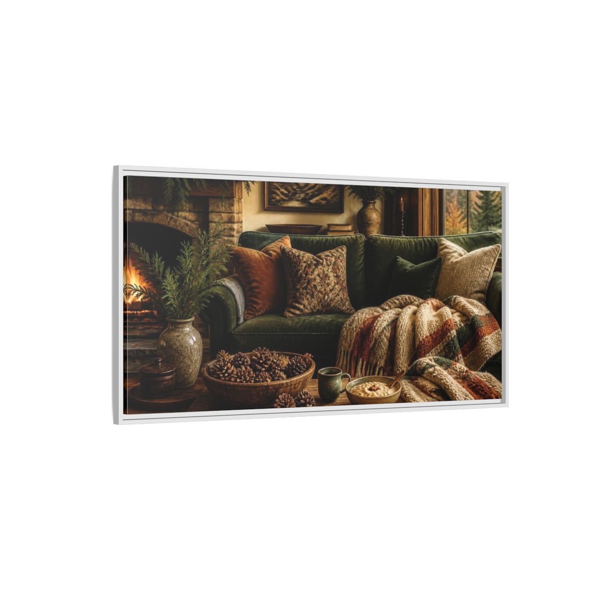 Side Mockup 3. Living Room Green Sofa shown as framed canvas print