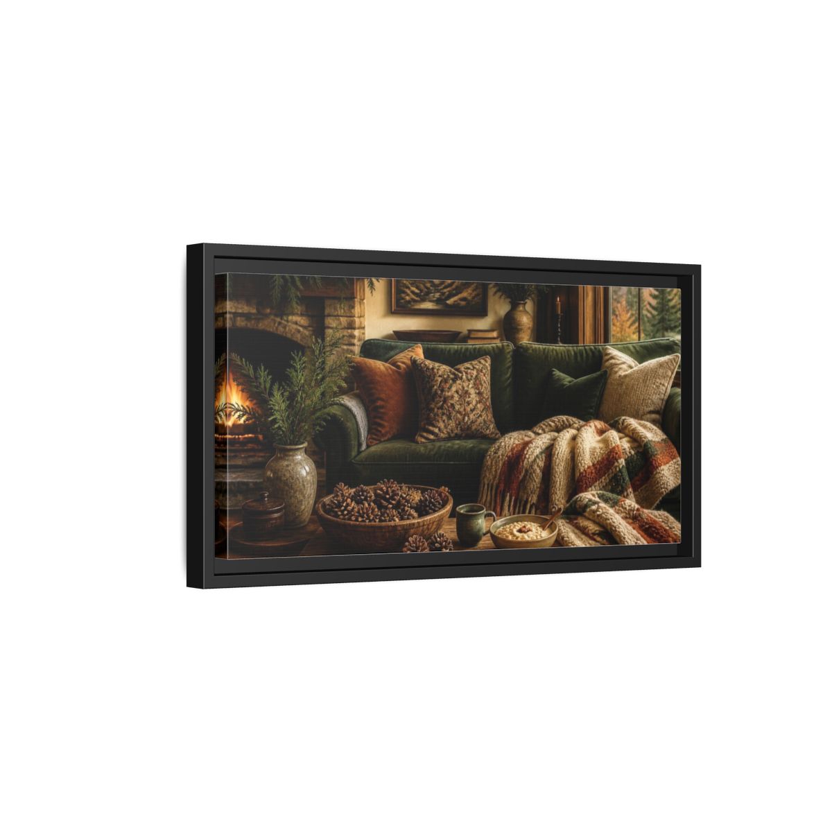 Side Mockup 8. Living Room Green Sofa shown as framed canvas print