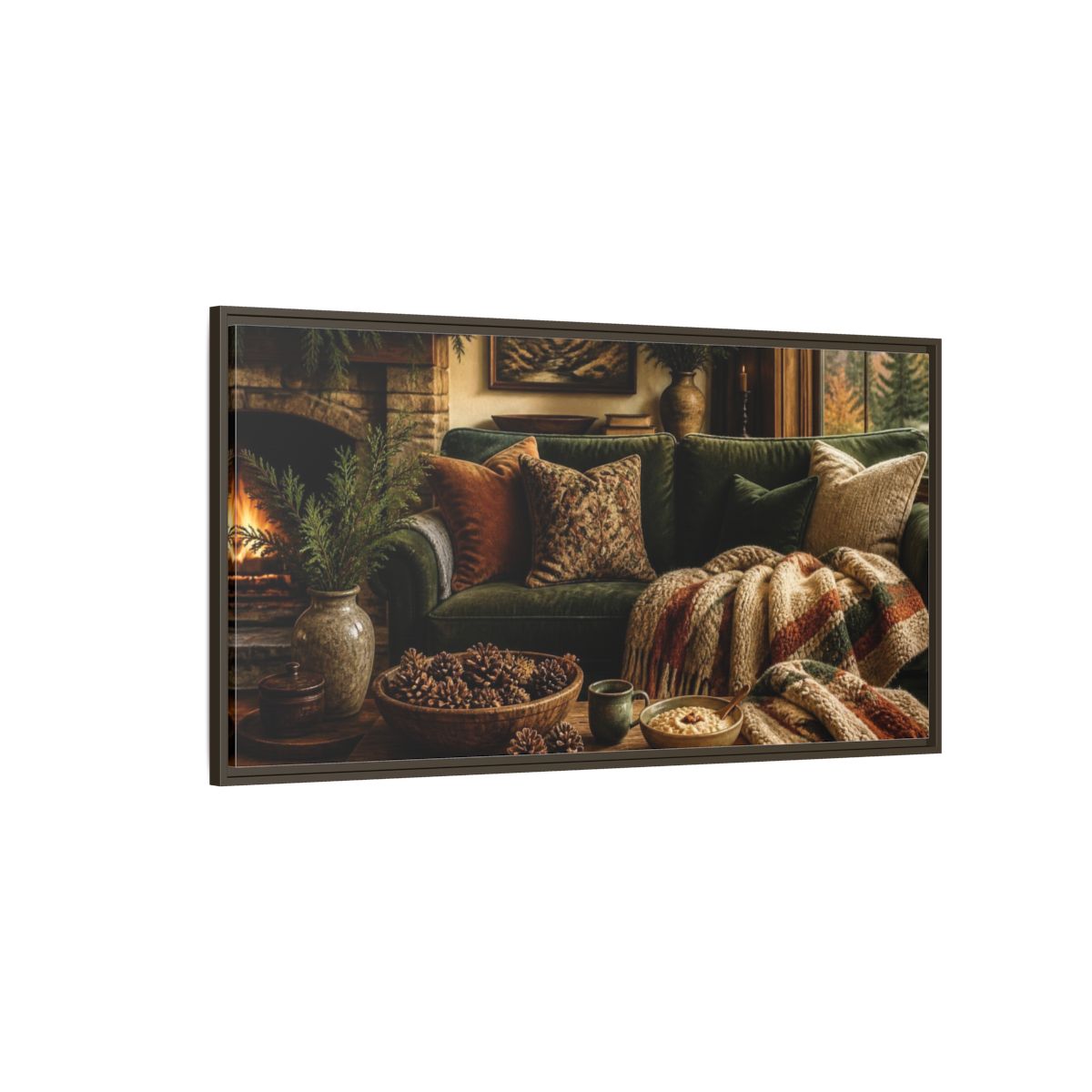 Side Mockup 4. Living Room Green Sofa shown as framed canvas print