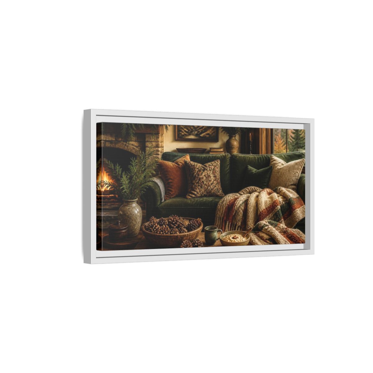 Side Mockup 6. Living Room Green Sofa shown as framed canvas print