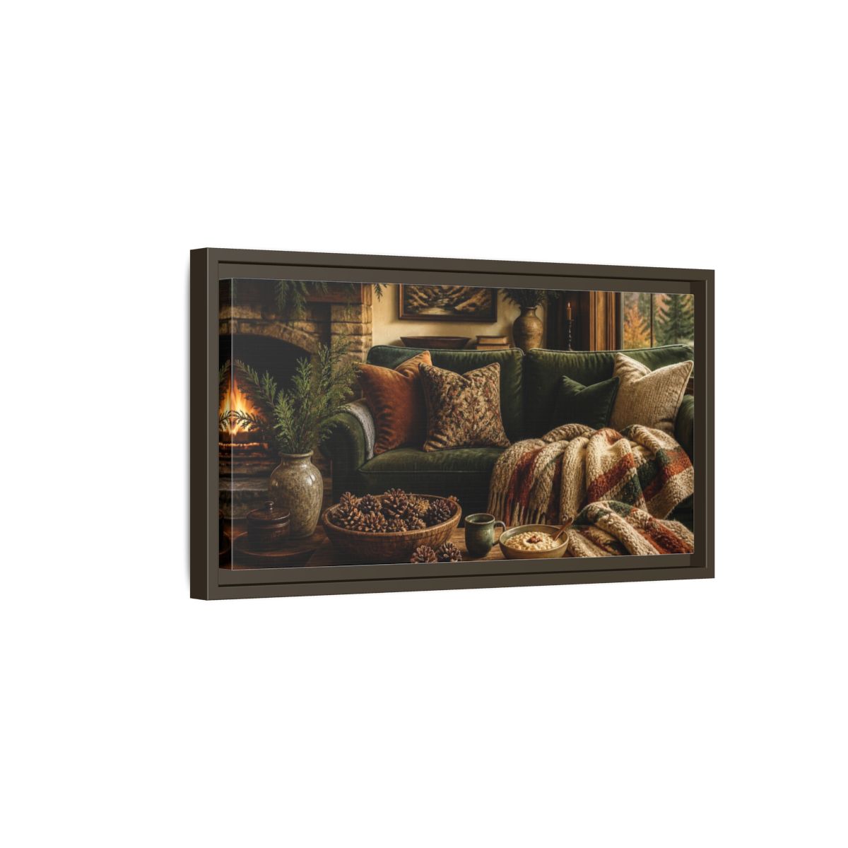 Side Mockup 7. Living Room Green Sofa shown as framed canvas print