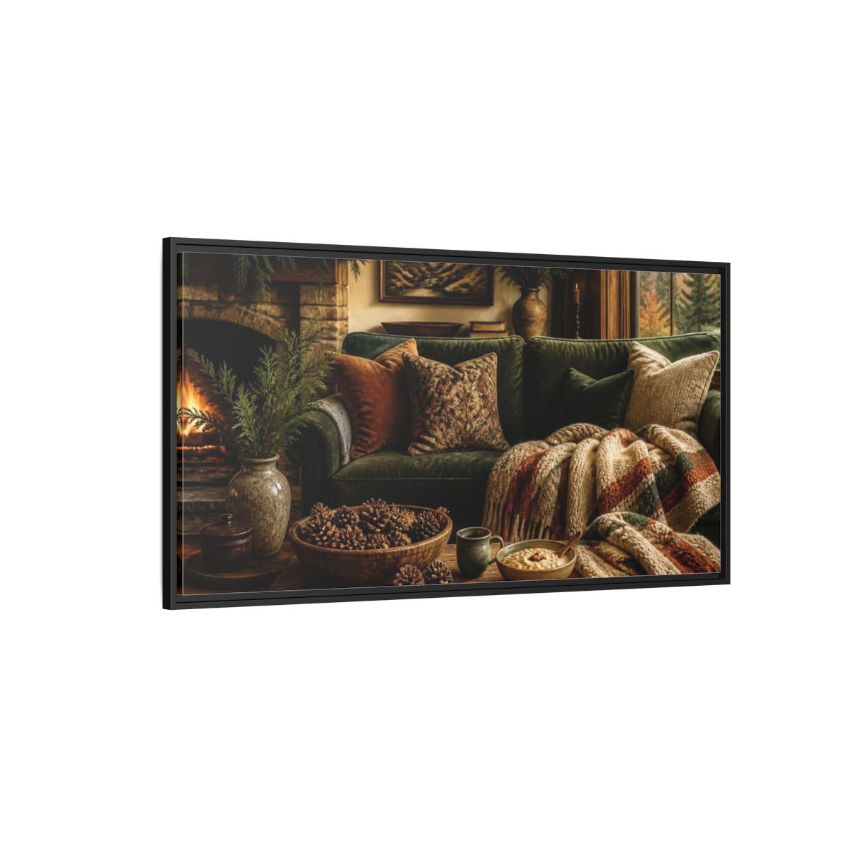Side Mockup 5. Living Room Green Sofa shown as framed canvas print