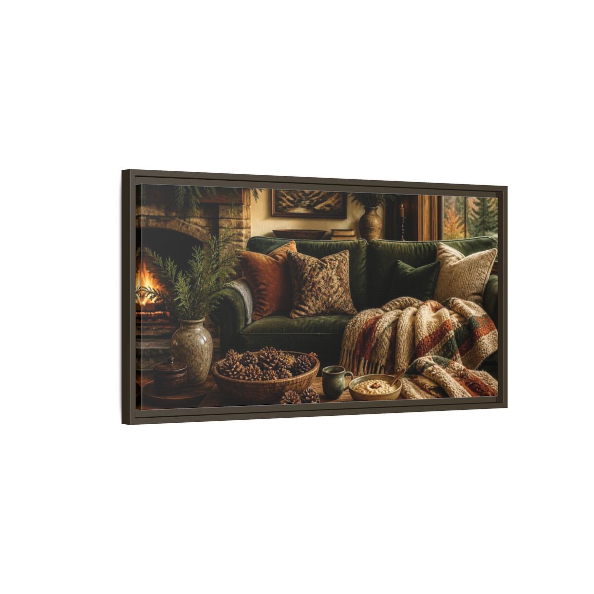 Main Mockup. Living Room Green Sofa shown as framed canvas print