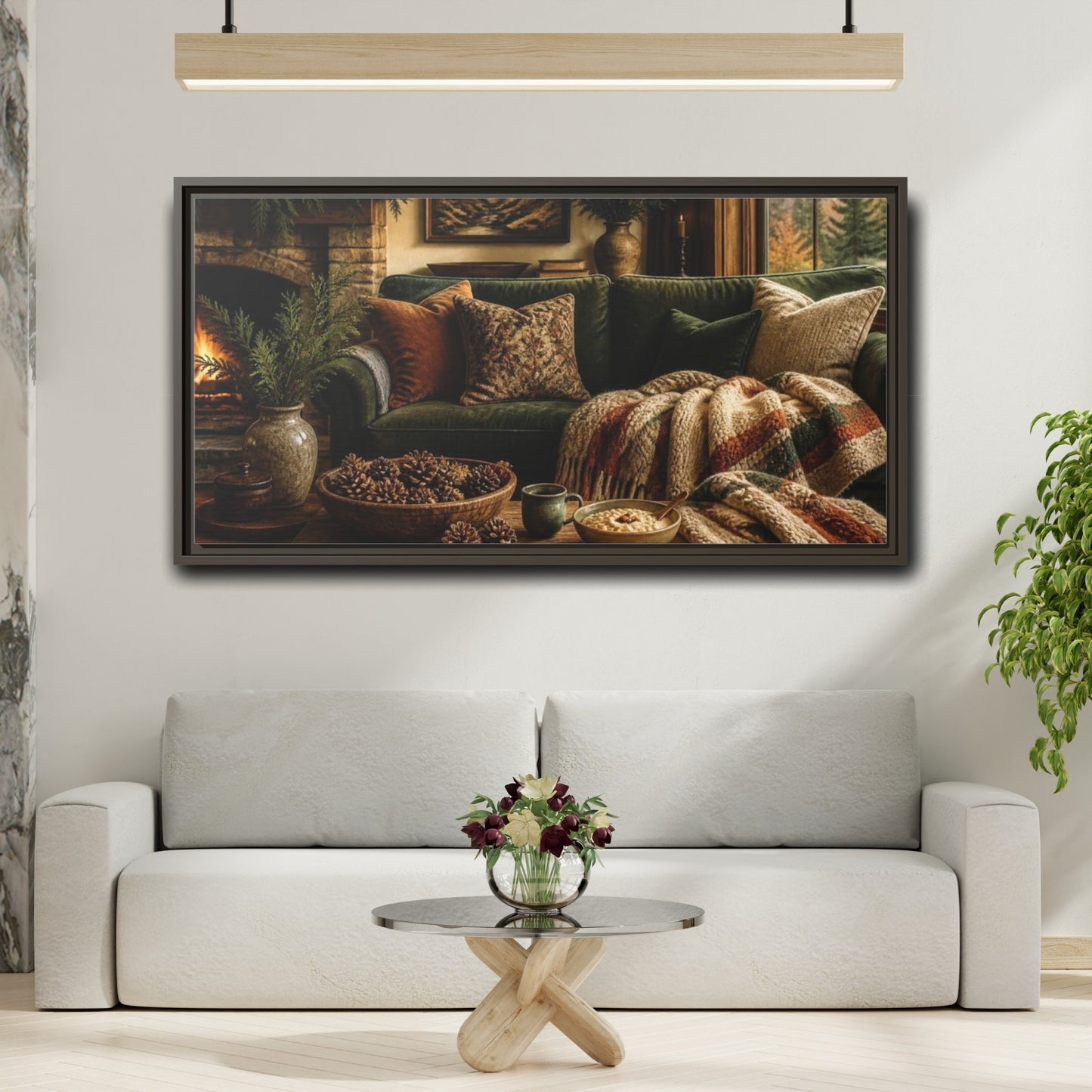 Mockup 2. Living Room Green Sofa shown as framed canvas print