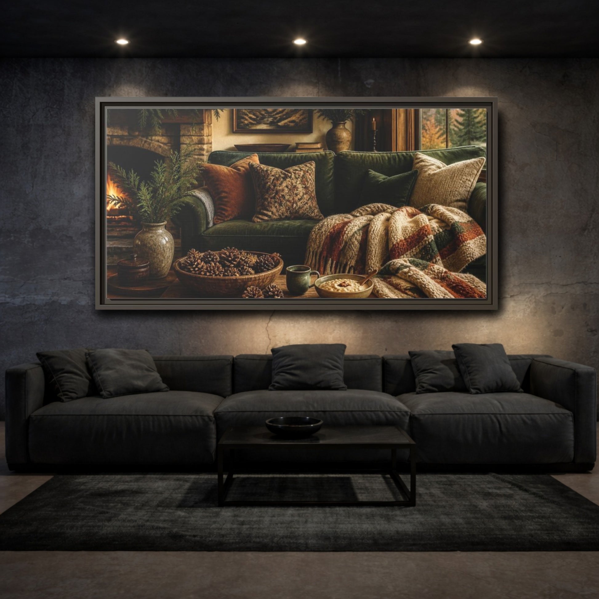 Mockup 3. Living Room Green Sofa shown as framed canvas print