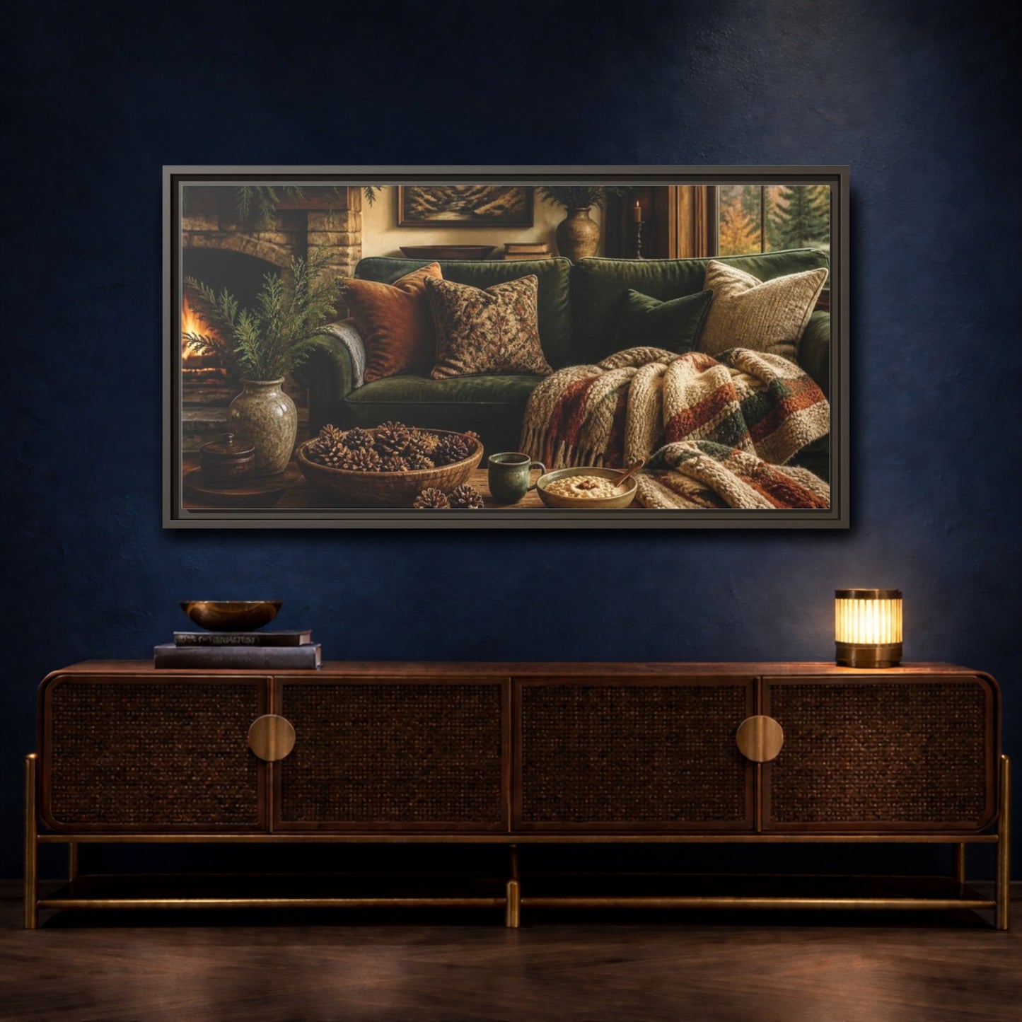 Mockup 4. Living Room Green Sofa shown as framed canvas print