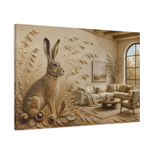 Main Mockup. Living Room Hare Relief shown as canvas print