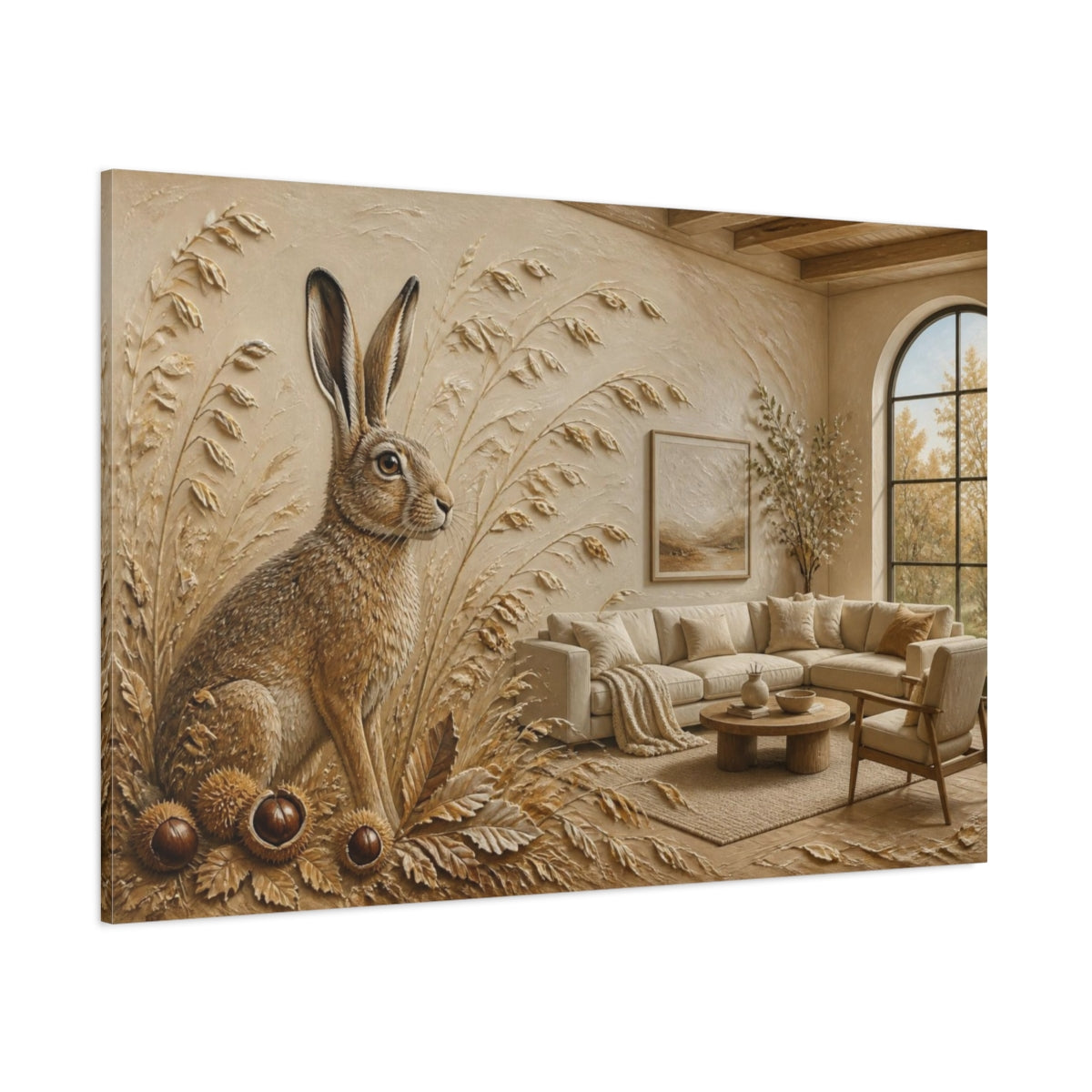 Side Mockup 1. Living Room Hare Relief shown as canvas print
