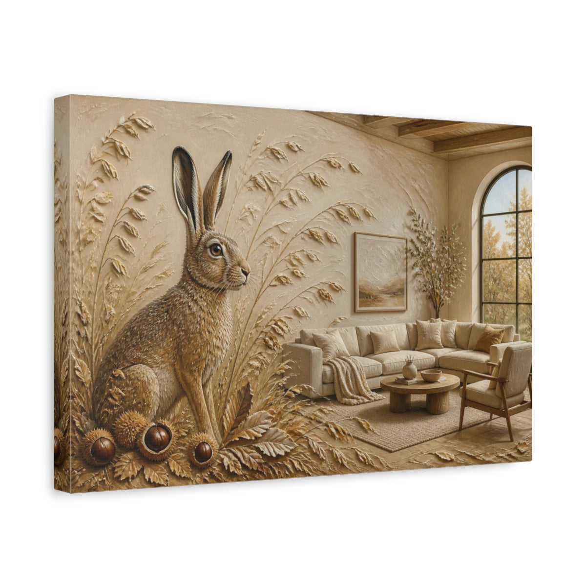 Side Mockup 4. Living Room Hare Relief shown as canvas print
