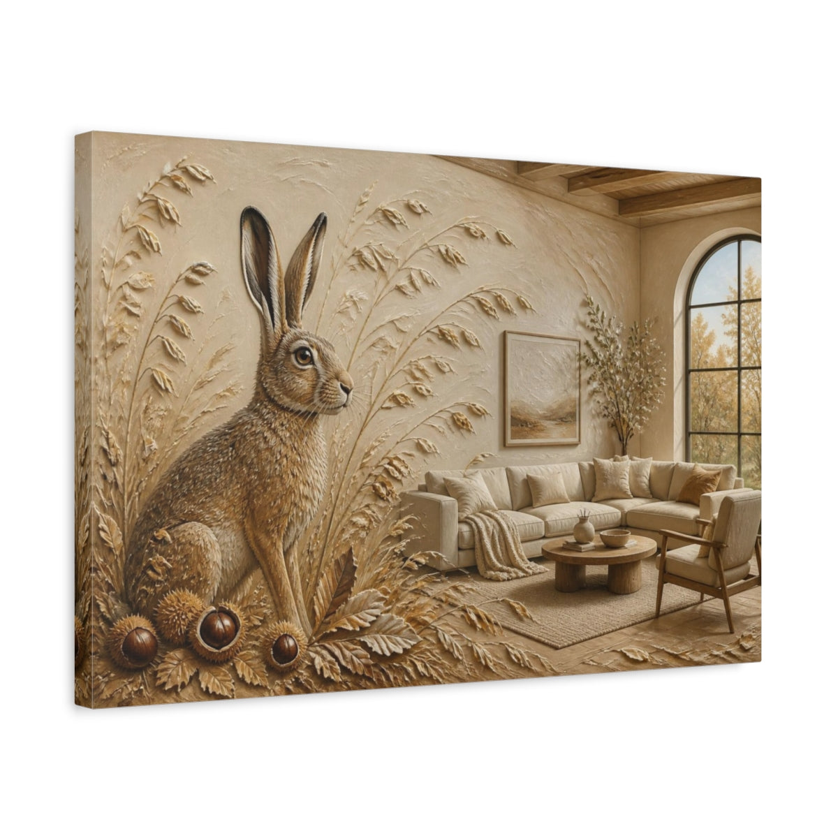 Side Mockup 3. Living Room Hare Relief shown as canvas print