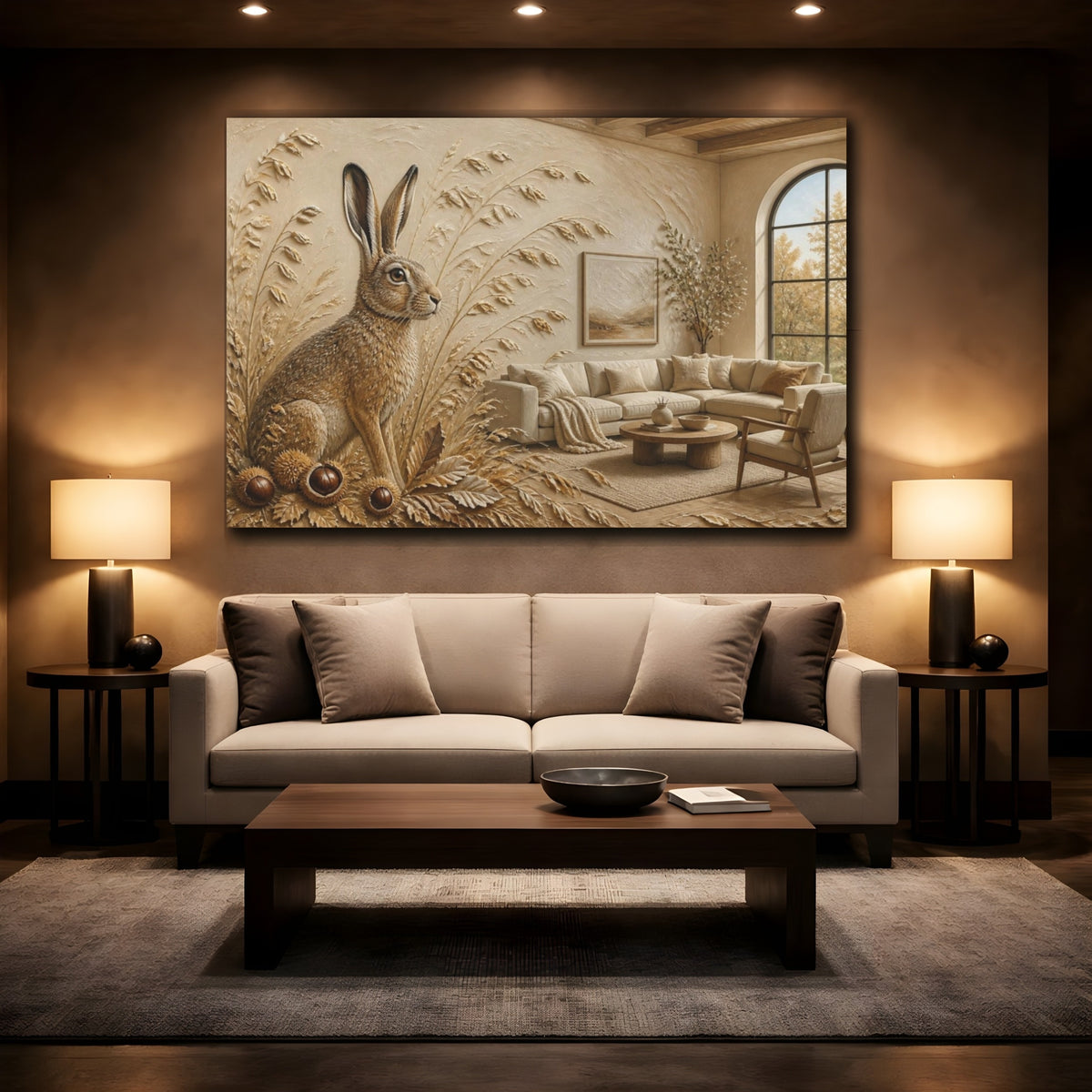 Mockup 2. Living Room Hare Relief shown as canvas print