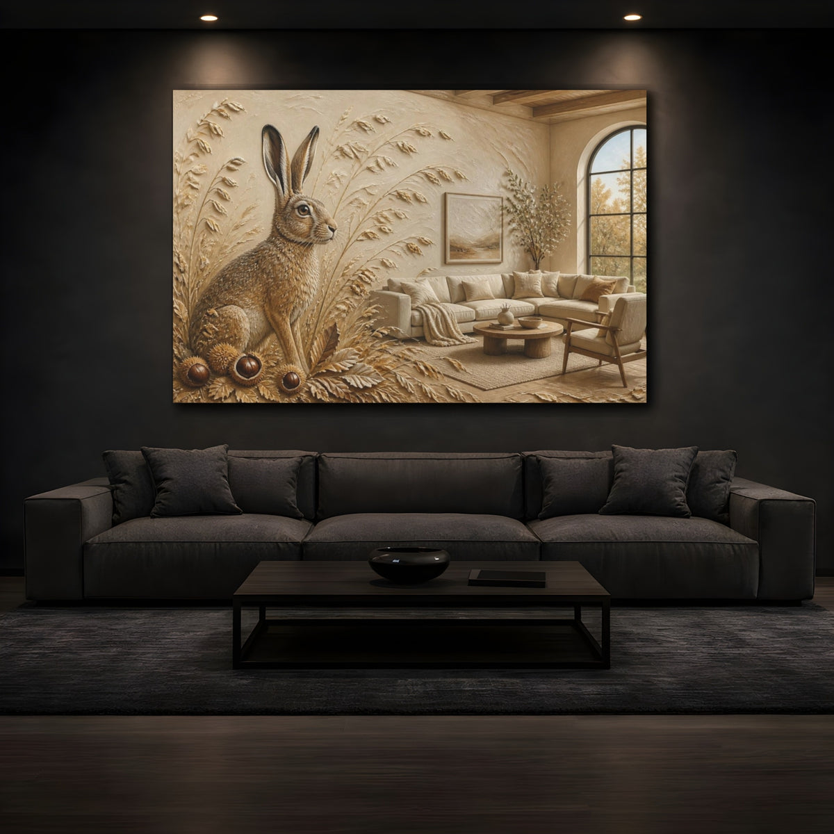 Mockup 3. Living Room Hare Relief shown as canvas print