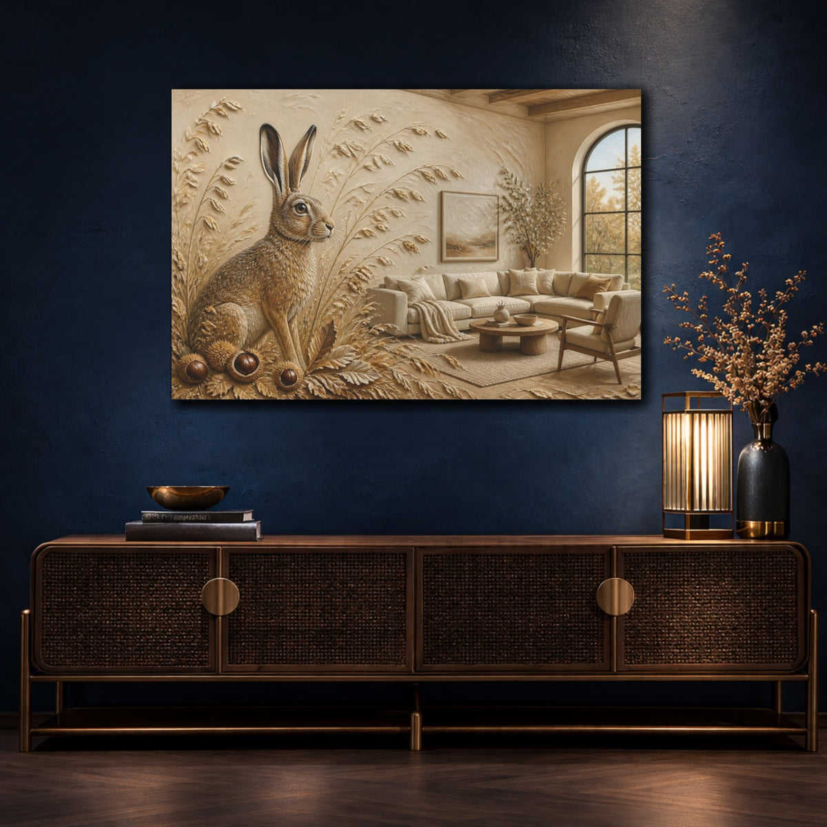 Mockup 4. Living Room Hare Relief shown as canvas print