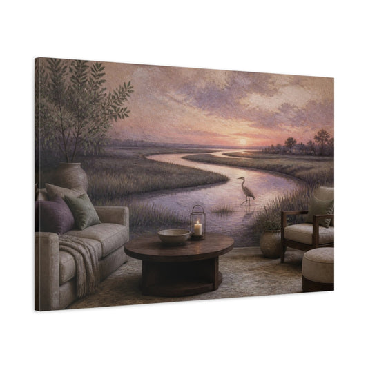 Main Mockup. Living Room Heron At Twilight shown as canvas print