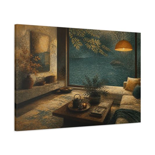 Main Mockup. Living Room Lake View shown as canvas print